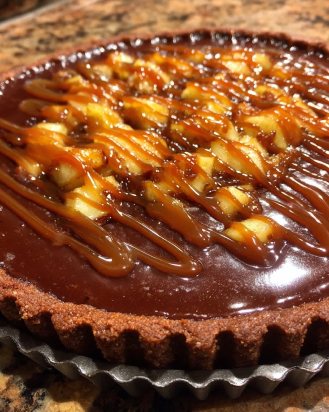 Apple Date Chocolate Tart with Caramel Drizzle
