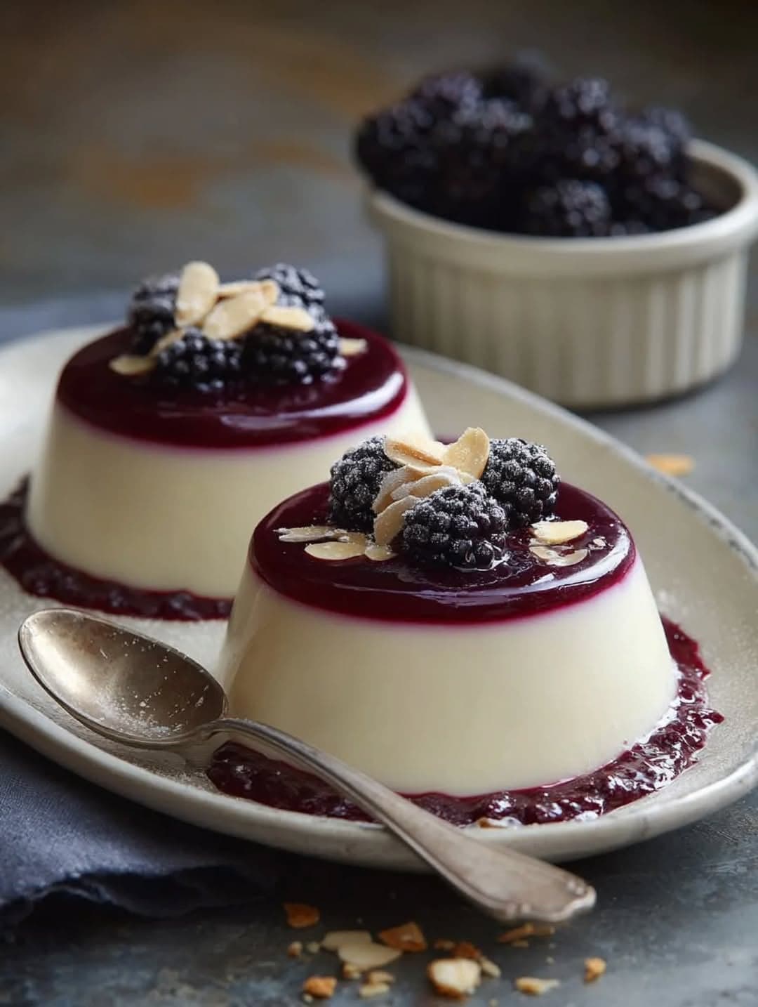 Blackberry & Violet Panna Cotta with Almond Tuile