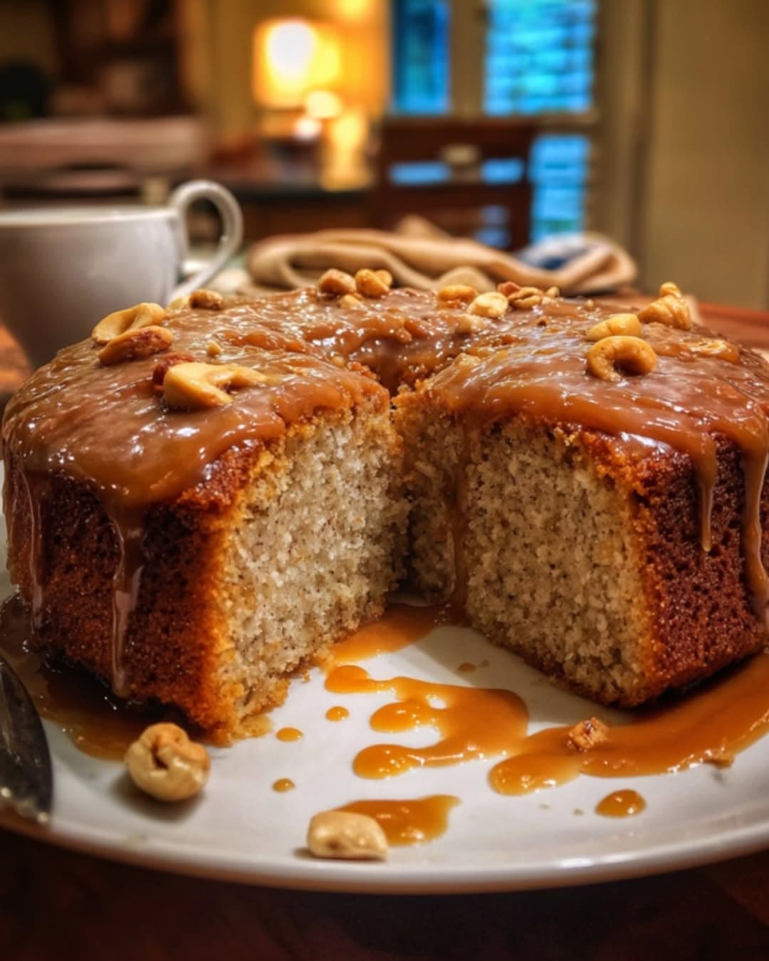 Coffee Cashew Cake with Caramel Drizzle