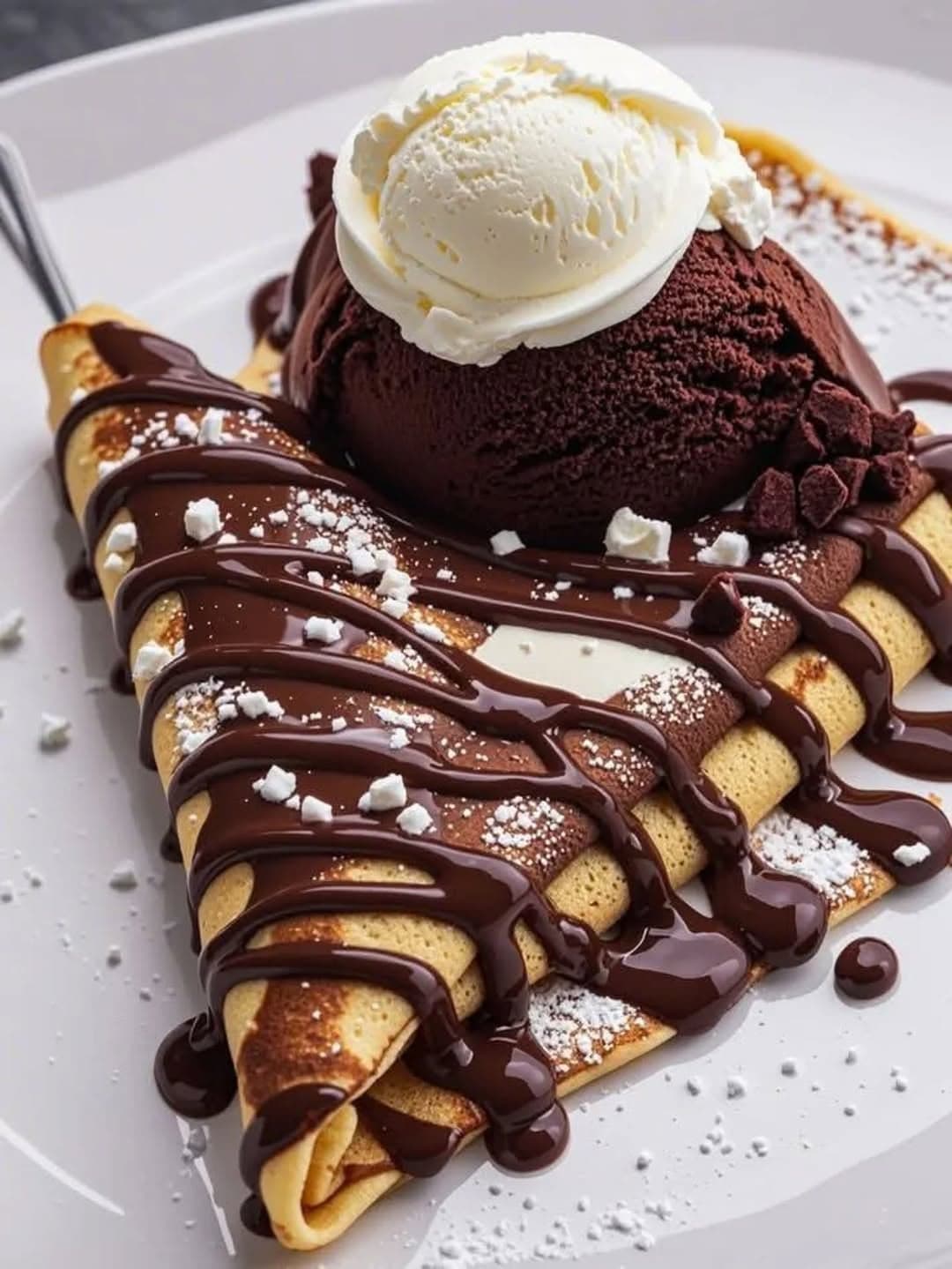 Dessert Crepes with Ice Cream & Chocolate Drizzle