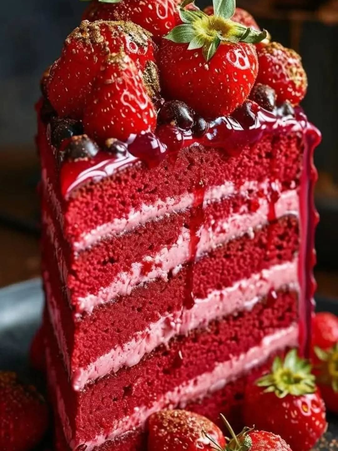 Four-Layer Red Velvet and Strawberry Cake