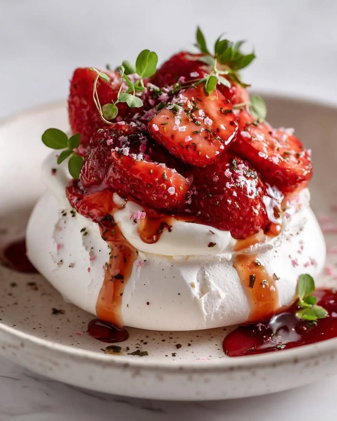 Pink Pepper Pavlova with Roasted Strawberry Balsamic Glaze