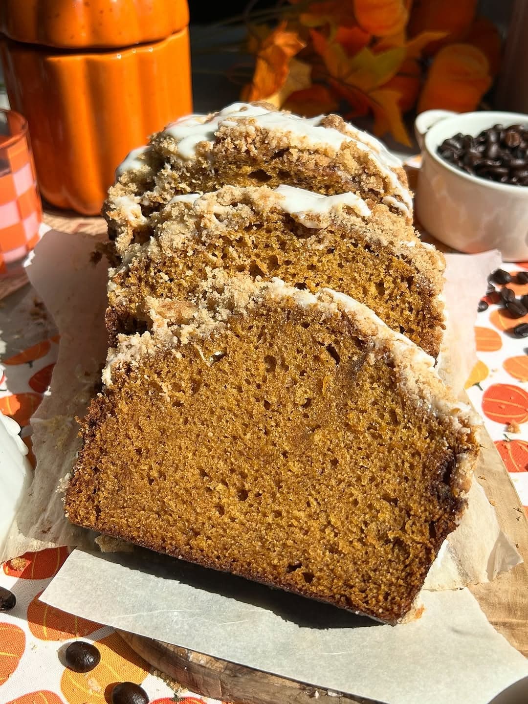Pumpkin Crumble Loaf with a vanilla bean glaze