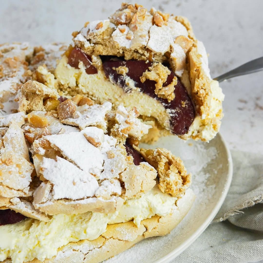 SPICED PEAR & MACADAMIA MERINGUE CAKE