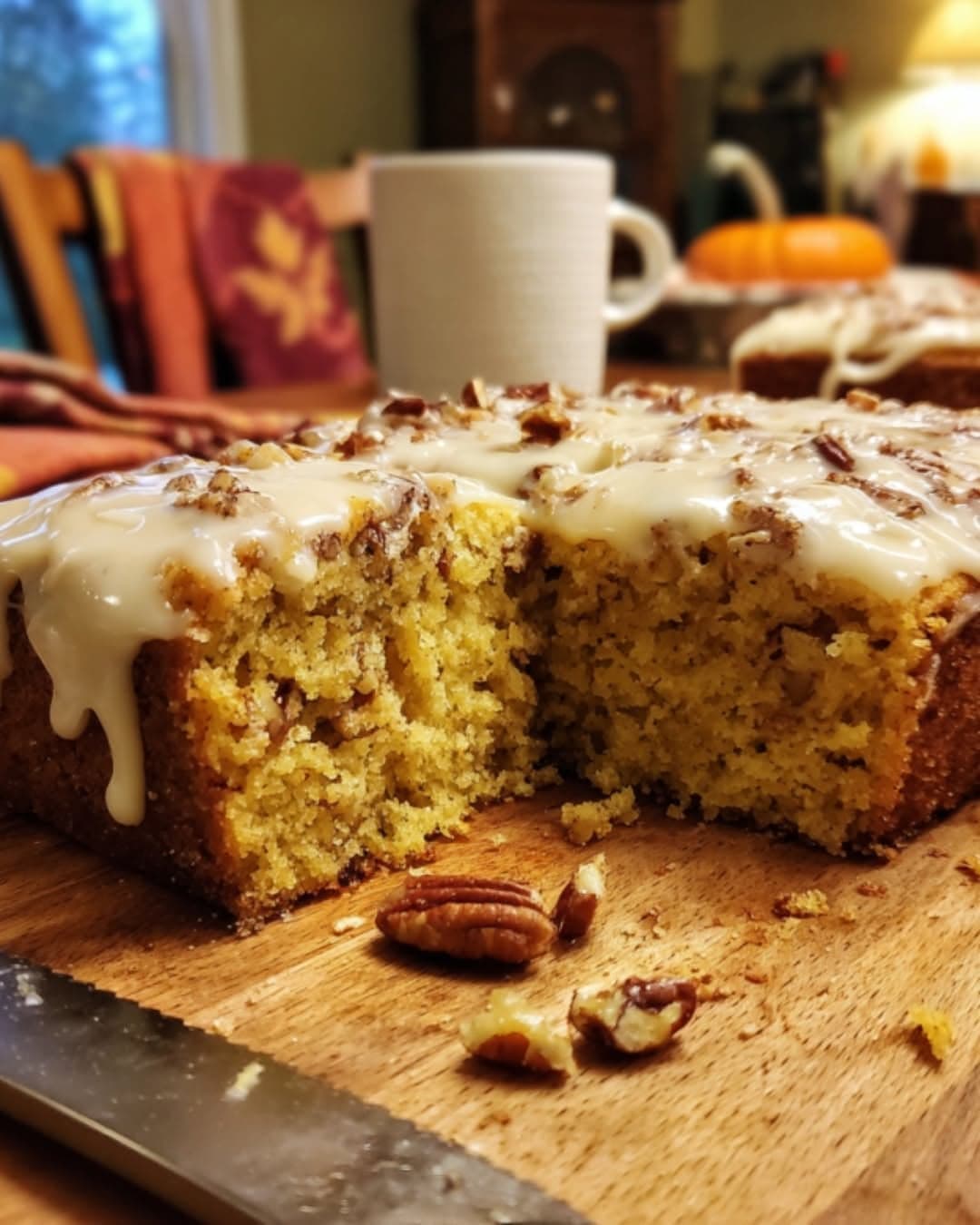 Spiced Pumpkin and Pecan Cake with Cream Cheese Glaze