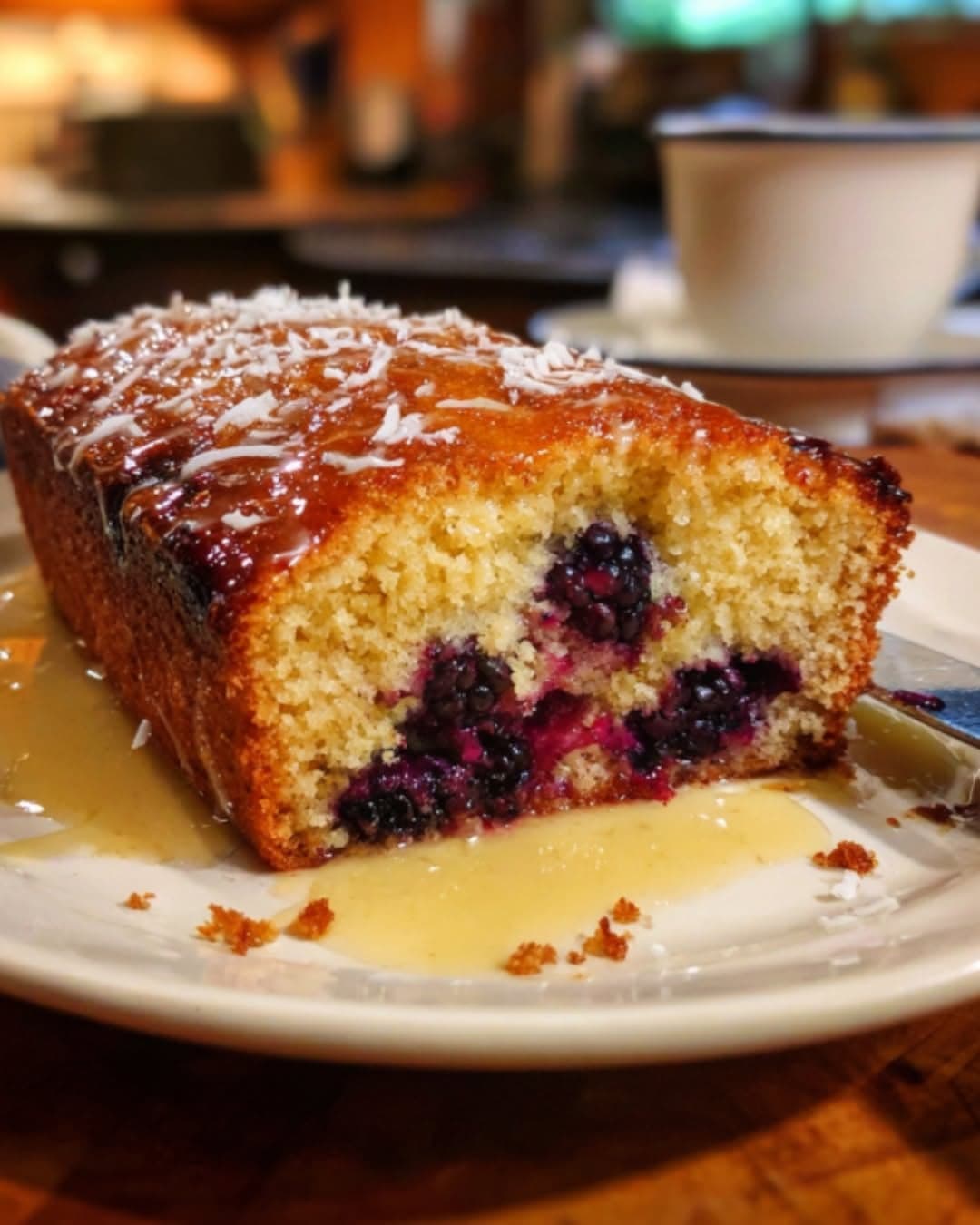 Sticky Blackberry and Coconut Cake with Lemon Syrup