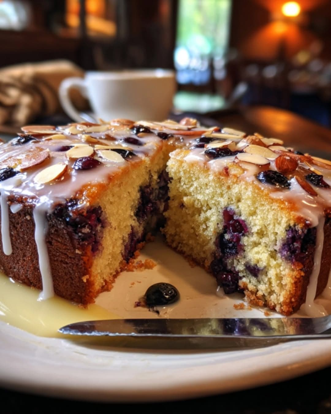 Sticky Blueberry and Almond Cake with Vanilla Glaze