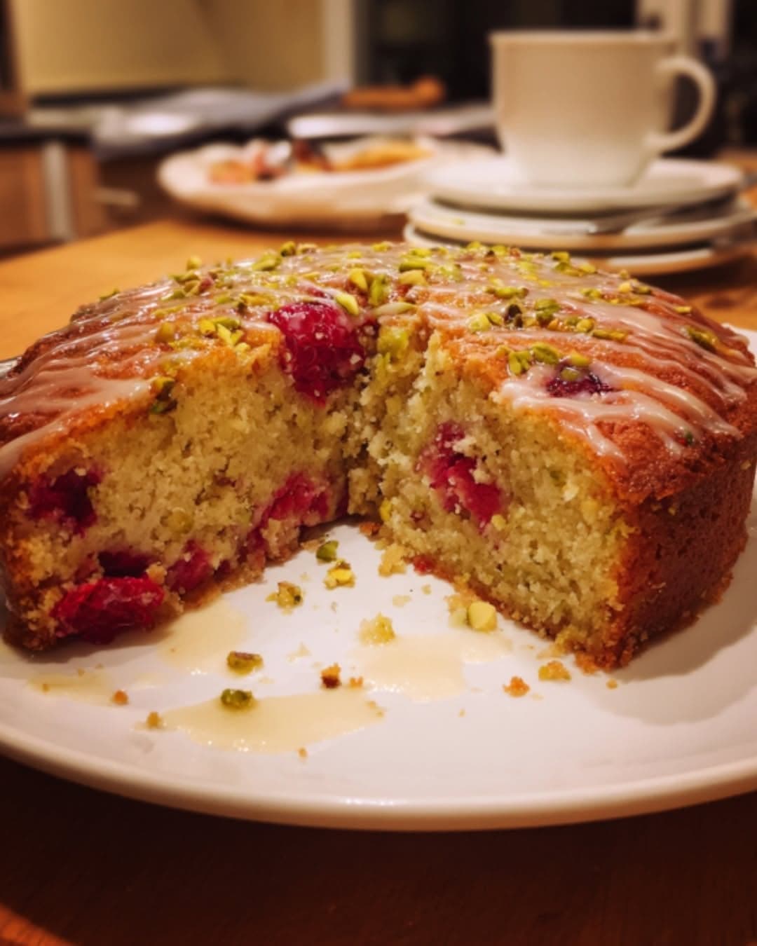 Sticky Raspberry and Pistachio Cake with Lemon Syrup
