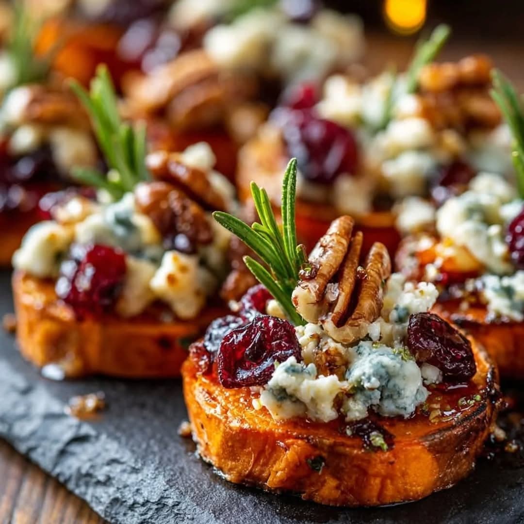 Sweet Potato Rounds With Blue Cheese, Cranberry & Pecans