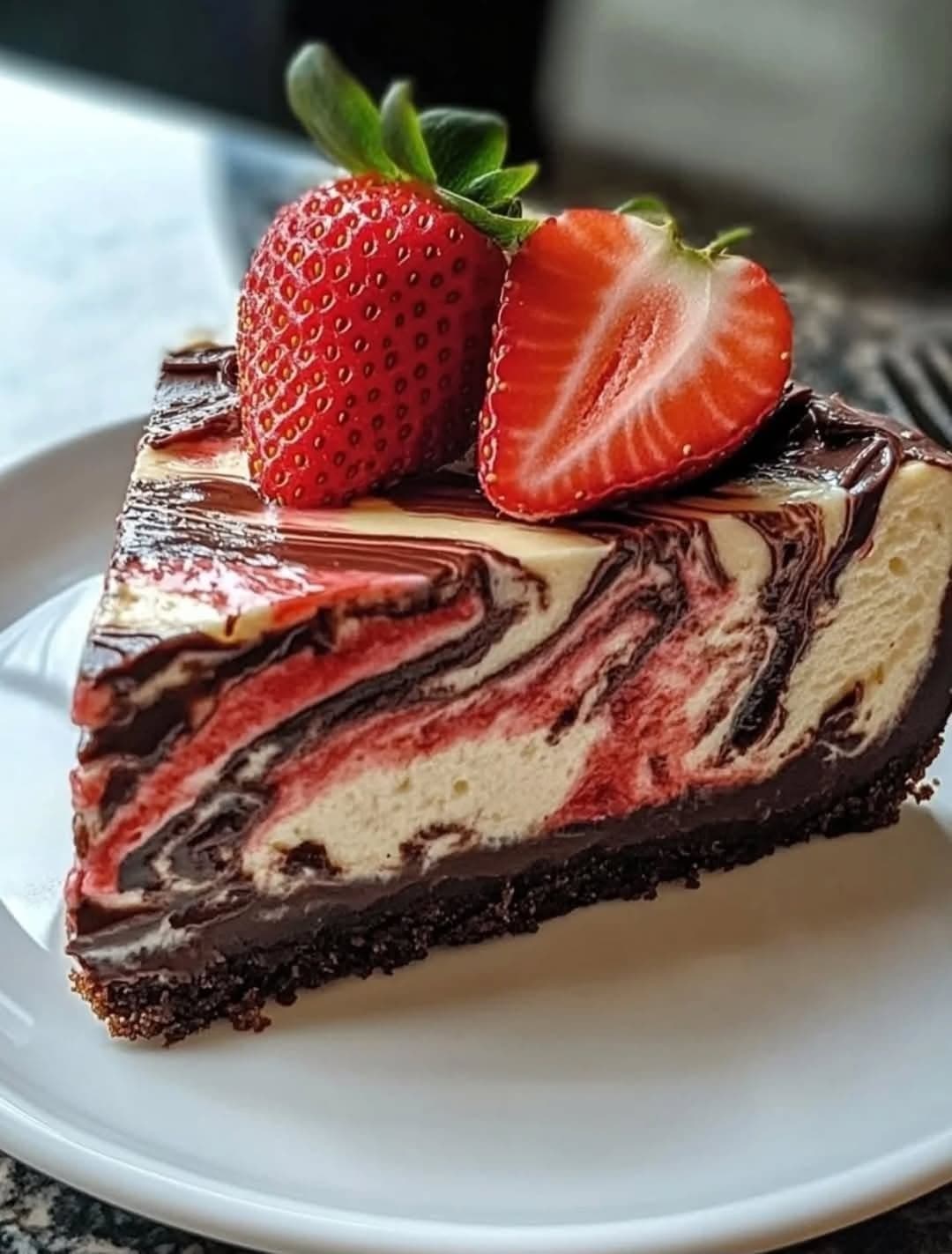 Ultimate Chocolate Strawberry Swirl Cheesecake