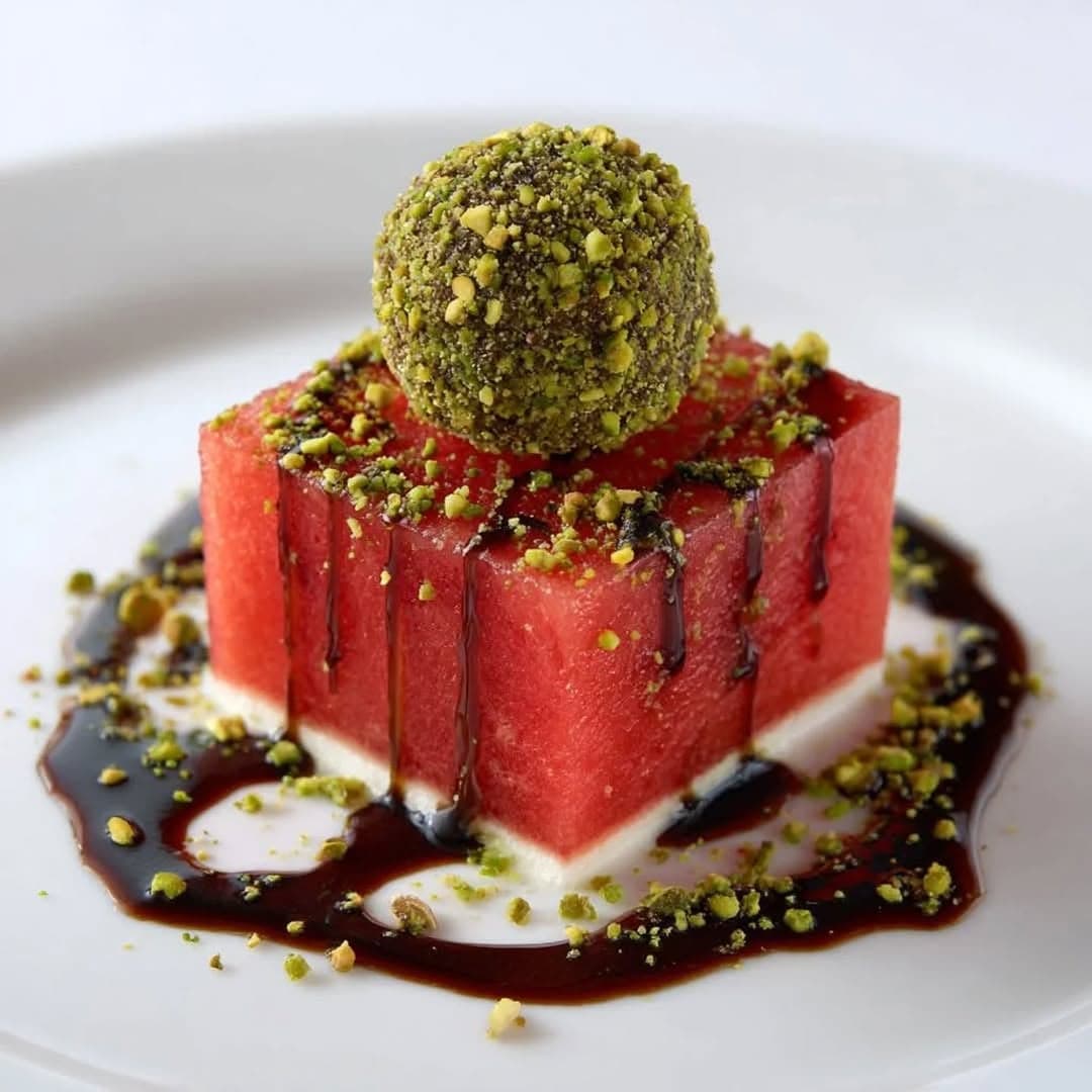Watermelon & Pistachio-Crusted Cream Cheese Balls with Balsamic Drizzle